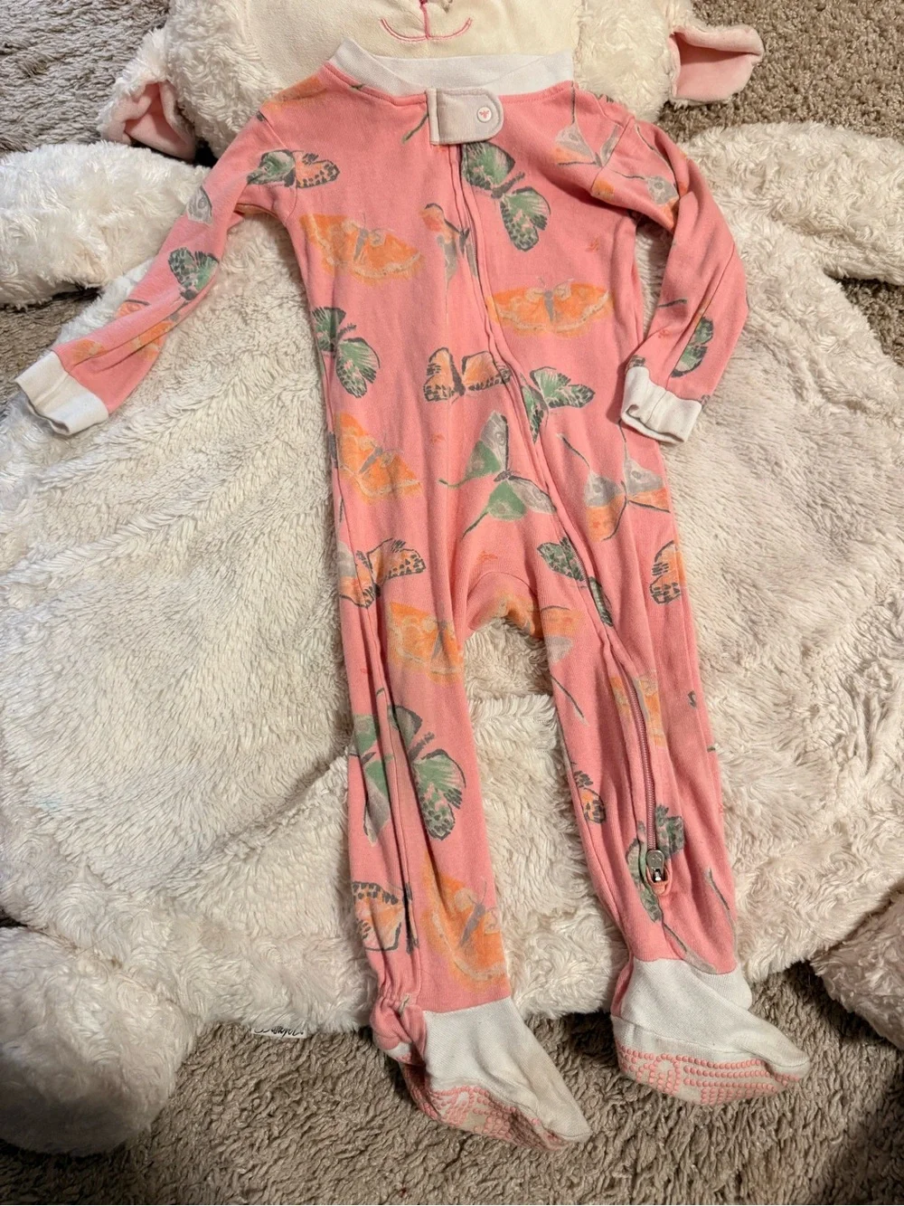 Pink Butterfly Print Kids One-Piece Footed Pajamas